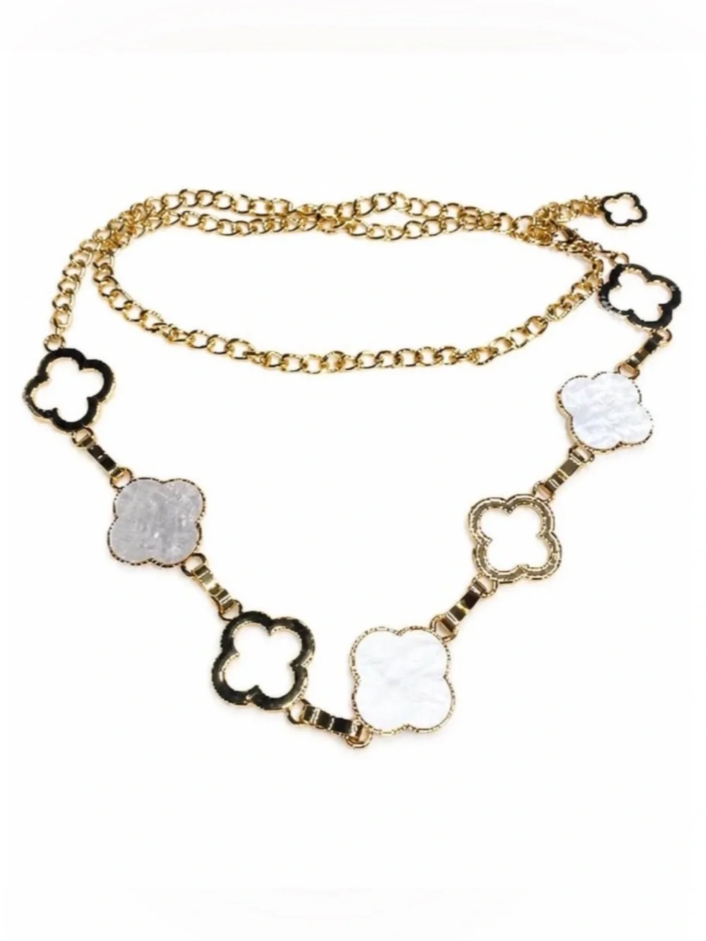Gold-Tone Clover Link Belt with White Inlay Accents